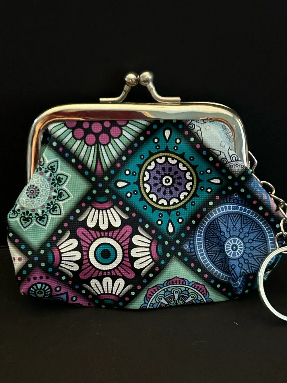 Assorted Multicolor Mosaic Kiss-Lock Coin Purse Keychain Vibrant Patchwork Print